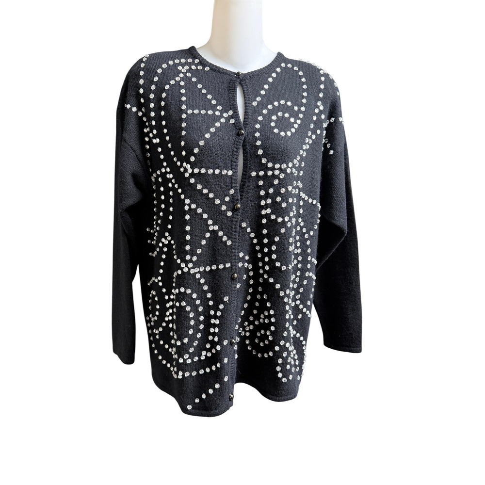 Kitty Hawk Vivian Wang Cardigan Black Rhinestone Angora Wool Blend M Vtg 90s